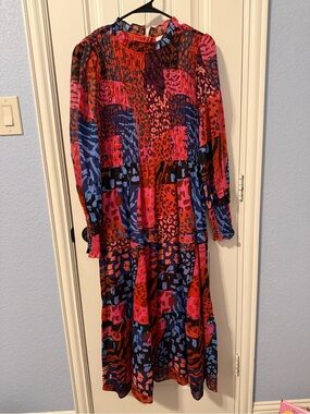 Colorblock Animal-Print Smocked Midi Dress in Red, Pink & Blue